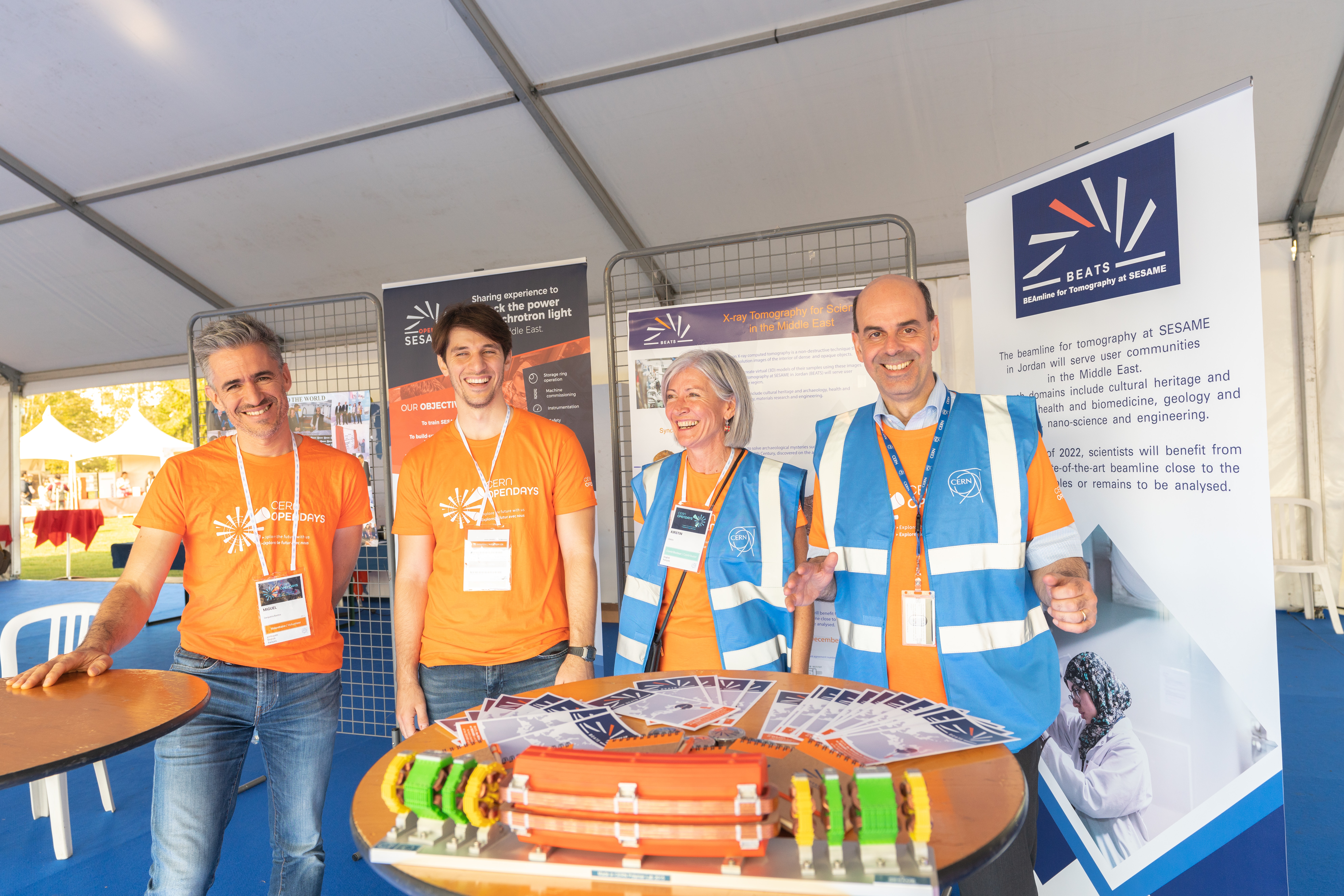 Copyright @ CERN: Some of the volunteers who presented SESAME, OPEN SESAME and BEATS to the public at the CERN Open Days. From left to right: Miguel Cerqueira Bastos (CERN), Sofian Jafar (SESAME), Kirstin Colvin (ESRF), and Emmanuel Tsesmelis (CERN)