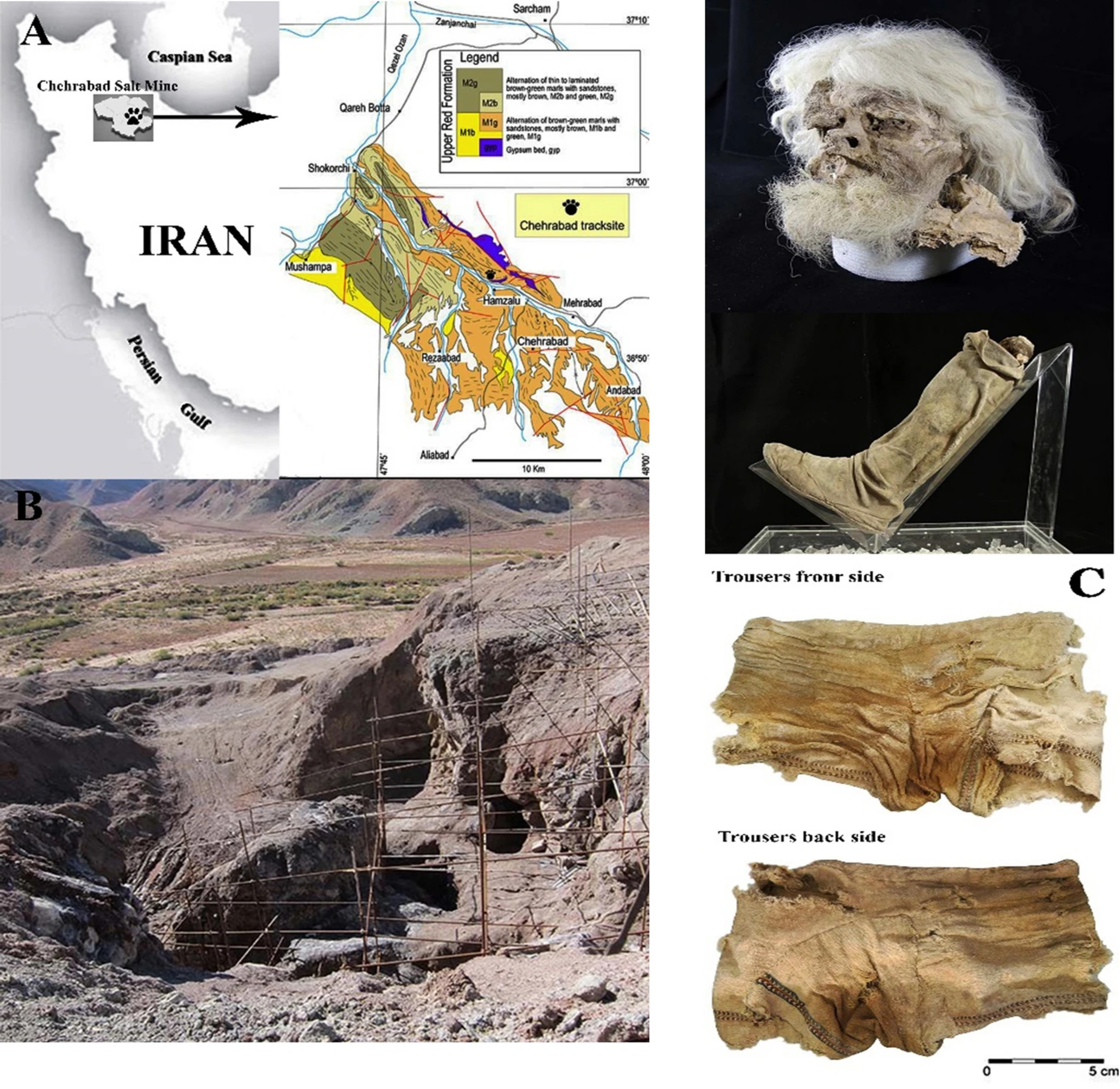 ©National Museum of Iran, 2019. The geological setting of the region, including the location of the Chehrabad salt mine in north-western Iran, and Saltman No. 1 with his half-trousers.